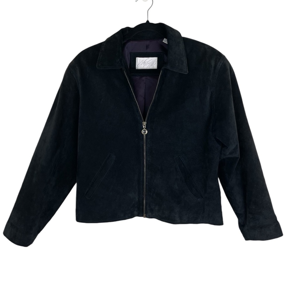 Lord & Taylor 90s Vintage Suede Jacket, Size 8, Black Leather, Zip Up Boxy Coat